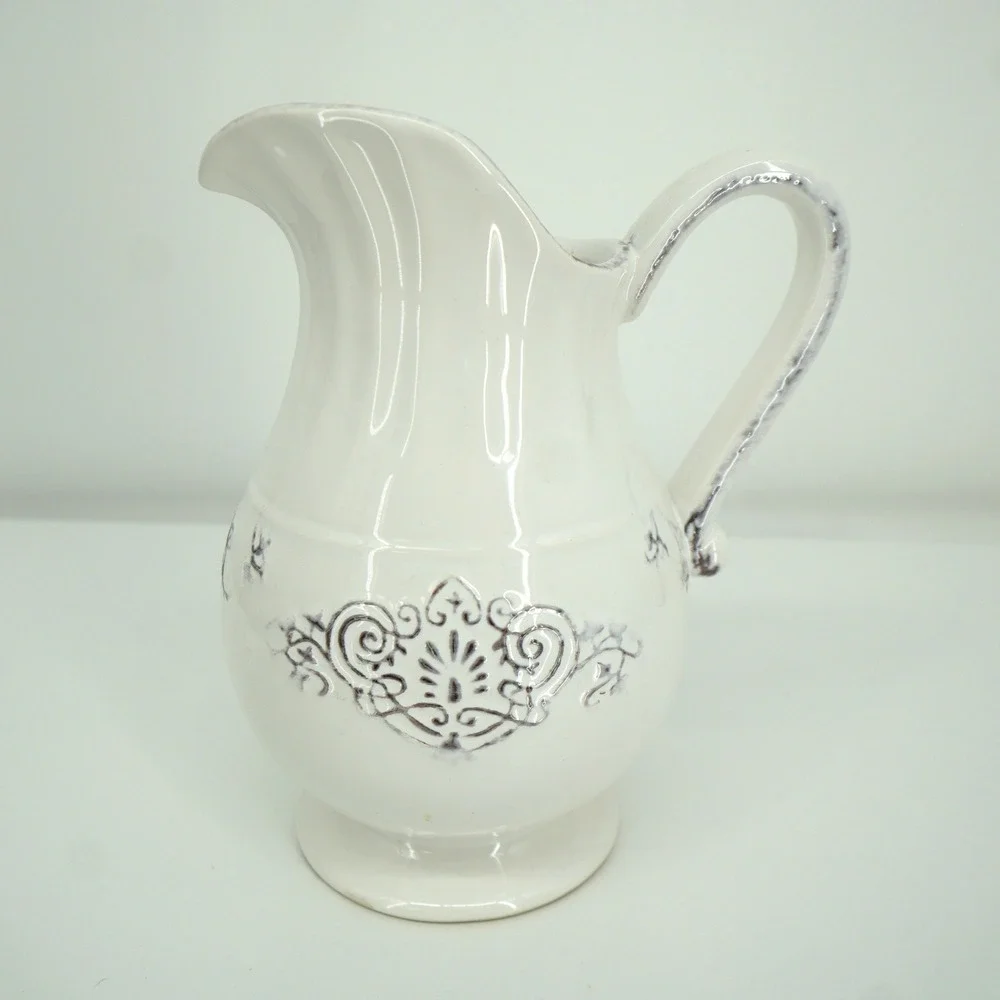 Ceramic Pitcher White Purple Filigree Farmhouse Decor Vase